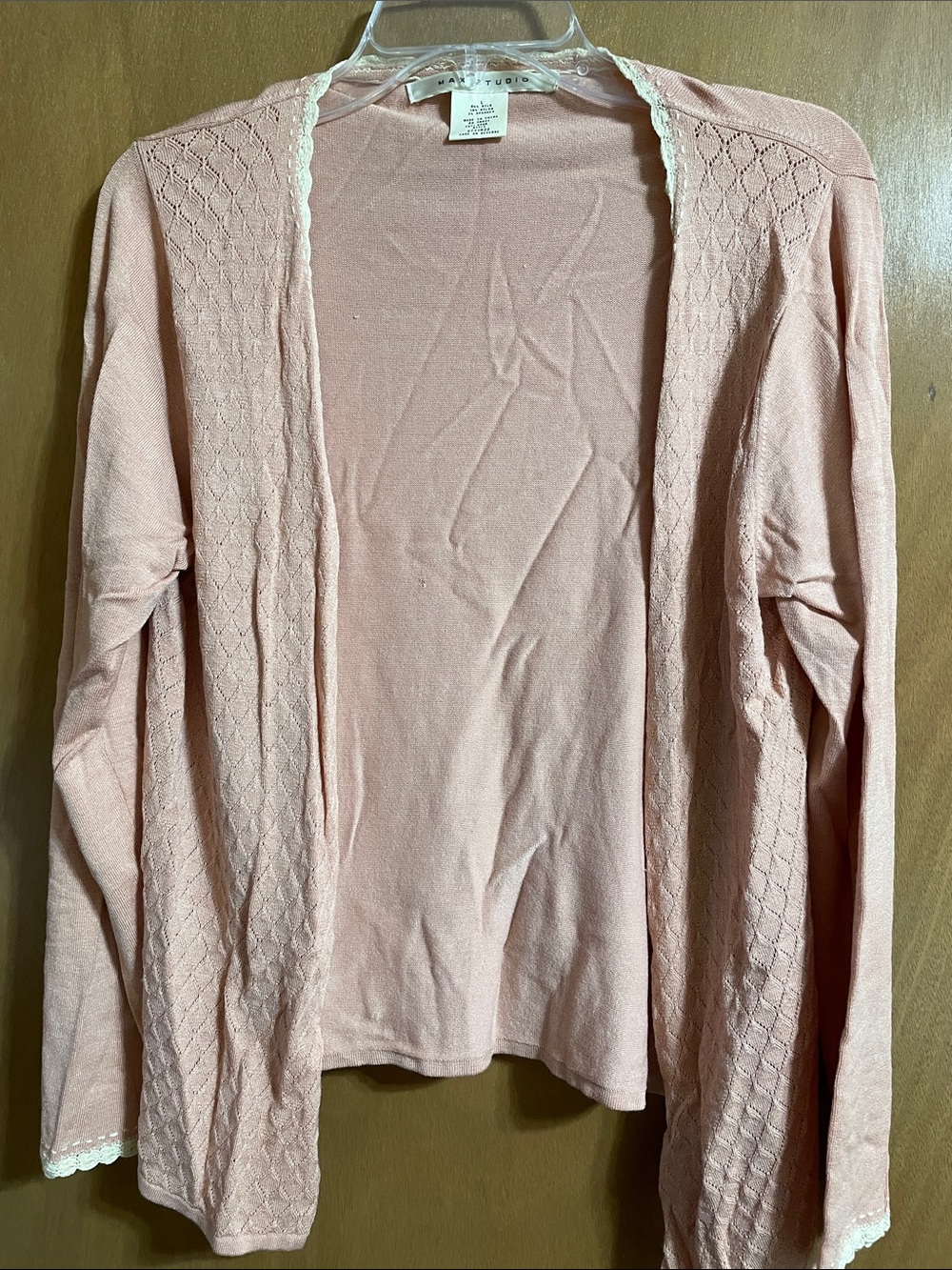 Max Studio Blush Pink Open-Front Cardigan with Lace Trim